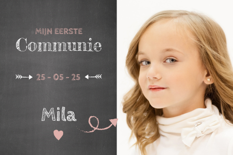 Communie uitnodiging meisje krijtbord en foto