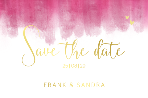 Trendy Save the Date kaart met knalroze verfaccent en goudfolie