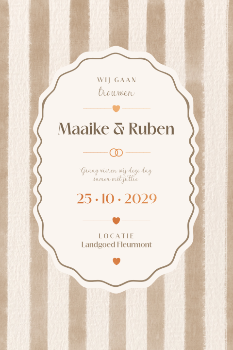 Trouwkaart beige strepen met koperfolie