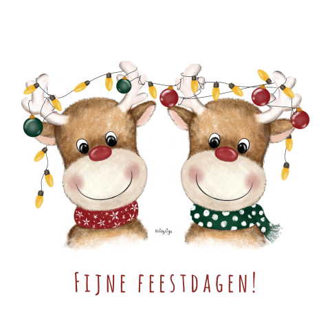 Kerstkaart tekening vrolijke rendieren kerstlichtjes en kerstballen