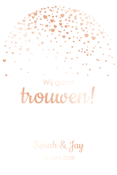 Romantische trouwkaart met boogvorm en roségoudfolie hartjes
