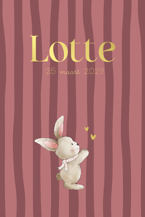 Geboortekaartje meisje winter met konijntje, goudfolie en ronde hoeken Lotte