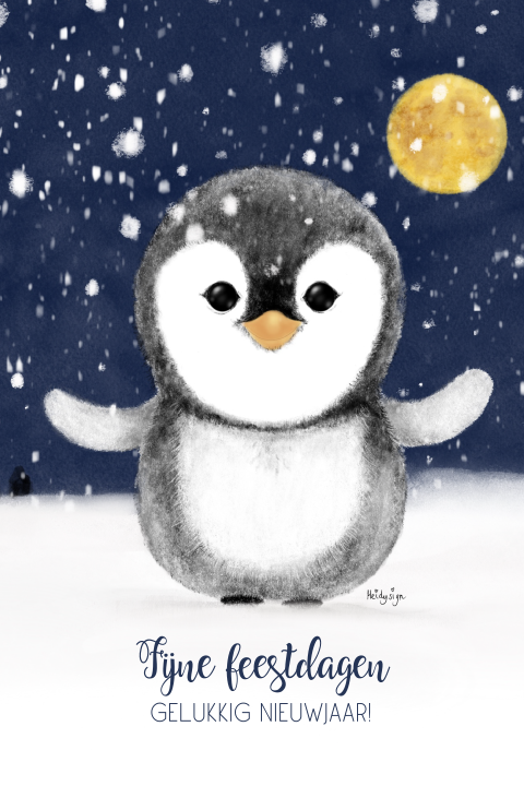 Winterse kerstkaart tekening schattige pinguin in de sneeuw