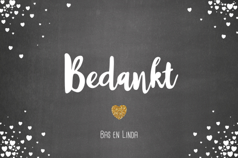 Bedankkaart bruiloft krijtbord en witte hartjes