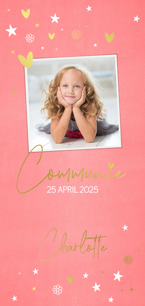 Communie uitnodiging meisje met foto hartjes en bloemen