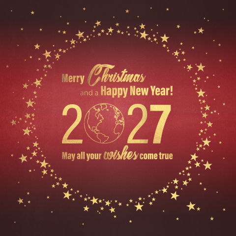 Kerstkaart 2027 rood met goudkleur sterren en wereldbol