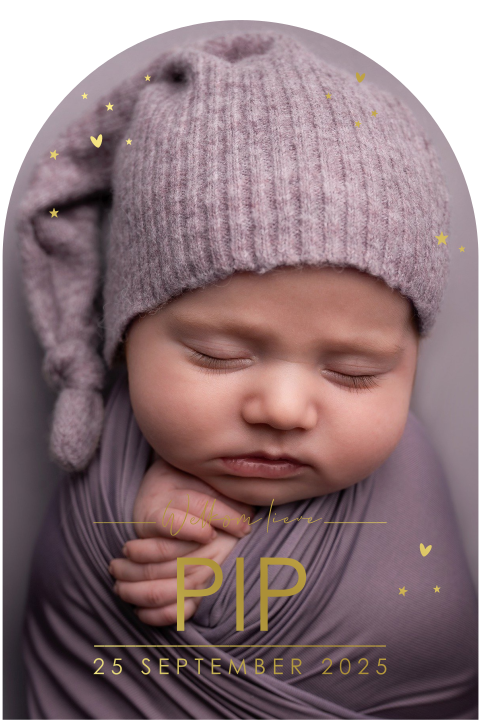 Geboortekaartje boogvorm met foto en goudfolie