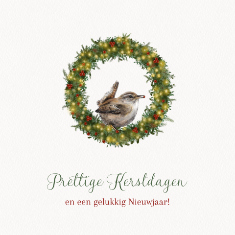 Kerstkaart winterkoninkje in kerstkrans met lichtjes