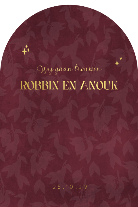 Trouwkaart boogvorm met goudfolie en bordeaux patroon | Velvet Wine