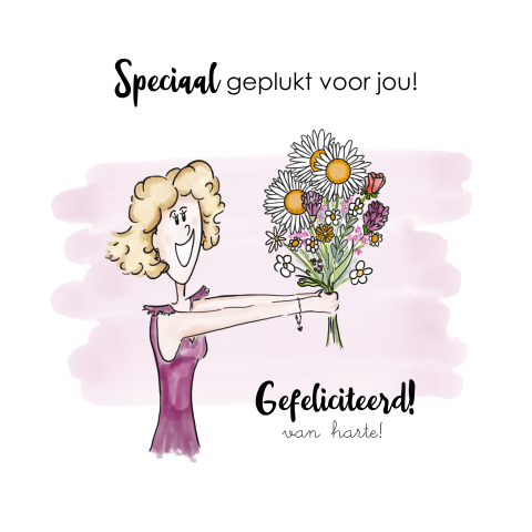 Verjaardagskaart illustratie van een vrouw met een bos bloemen