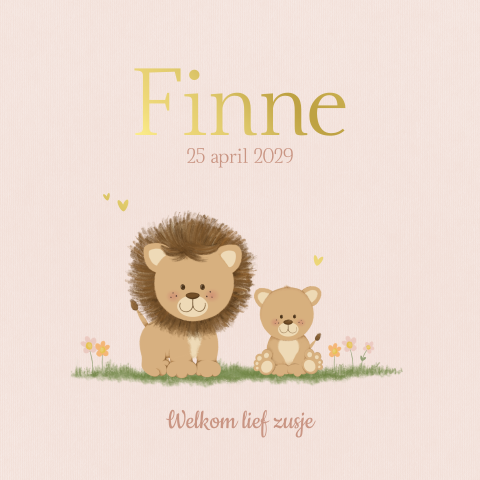 Lief geboortekaartje meisje – tweede kindje met leeuwtjes en goudfolie
