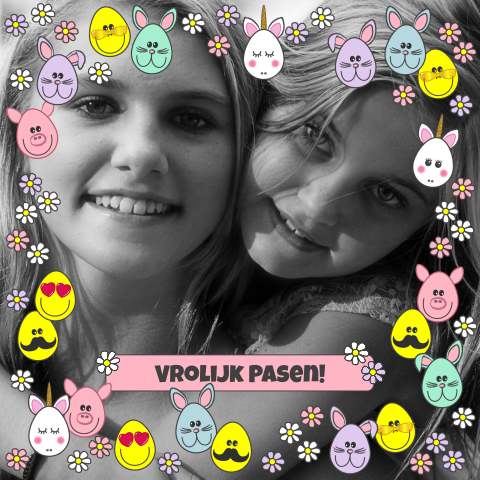 Pasen fotokaart met vrolijk kader bloemen en paaseitjes