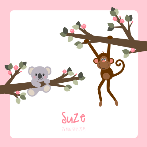 Geboortekaart meisje aap en koala aan een tak Suze