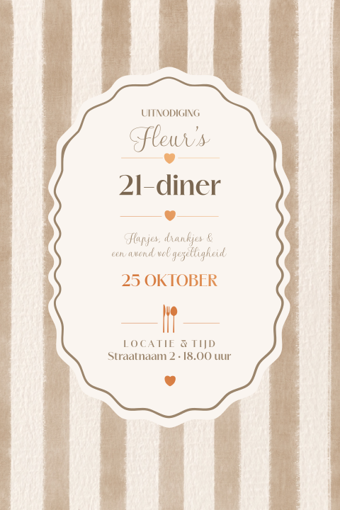 Uitnodiging 21 diner beige strepen met koperfolie