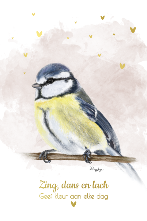 Pimpelmeesje wenskaart met goudfolie hartjes en positieve quote