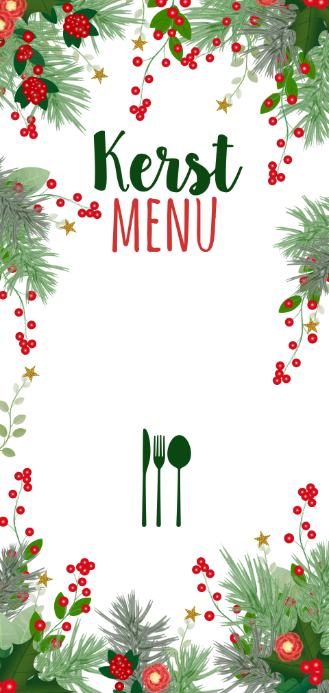 Menukaart Kerst in botanische stijl met kersttakken en hulst