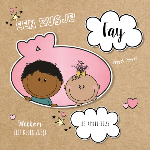 Hip geboortekaartje zusje kraft met illustratie kindjes Fay