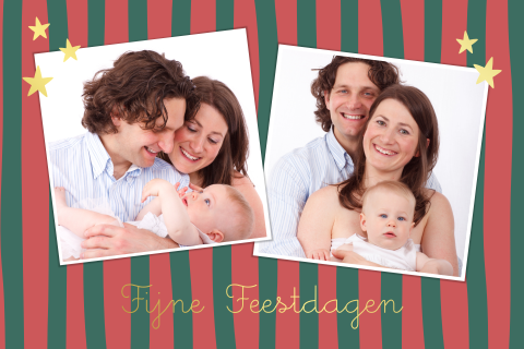 Kerstkaart in rood en groen strepen met foto’s