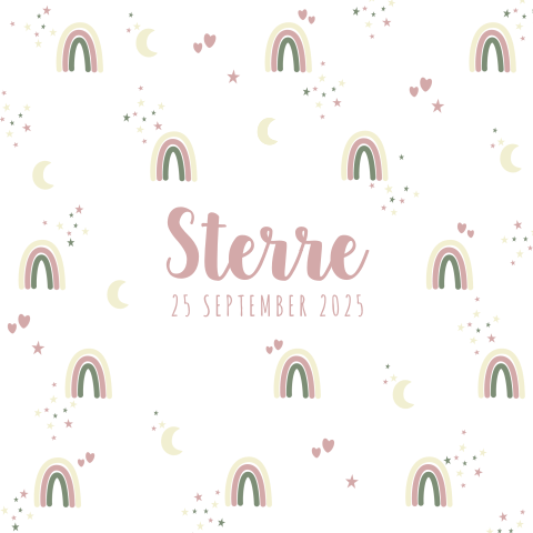 Schattig geboortekaartje meisje regenbogen, maan, hartjes en sterren