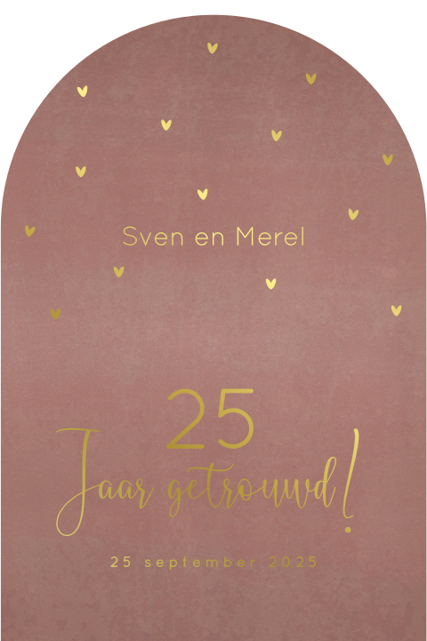 Stijlvolle jubileum uitnodiging boogvorm goudfolie hartjes