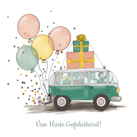 Feestelijke verjaardagskaart man met retro busje met ballonnen