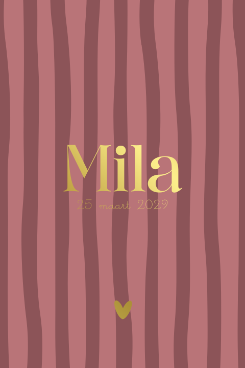 Geboortekaartje met strepen in warme roze tinten en goudfolie naam
