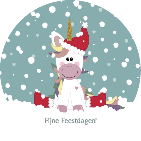 Kerstkaart rond met een lieve unicorn