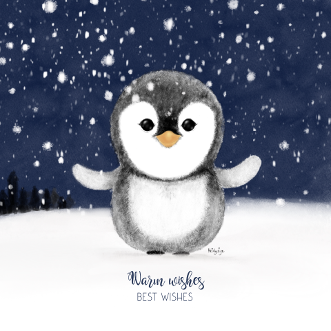 Lief kerstkaartje fluffy tekening van een pinguin in de sneeuw