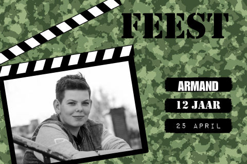 Stoere kinderfeest uitnodiging met legerprint en foto