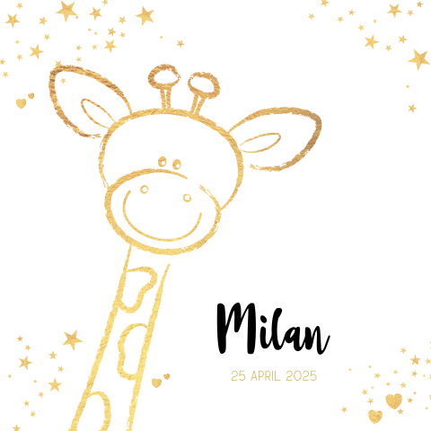 Uniseks geboortekaart goudkleurig girafje met sterren Milan