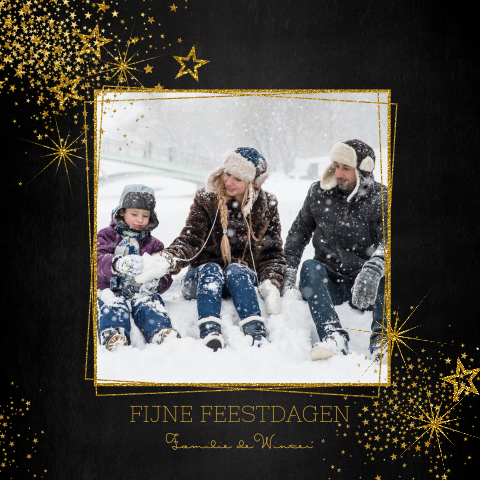 Stijlvolle zwarte foto kerstkaart met goudkleurige sterren