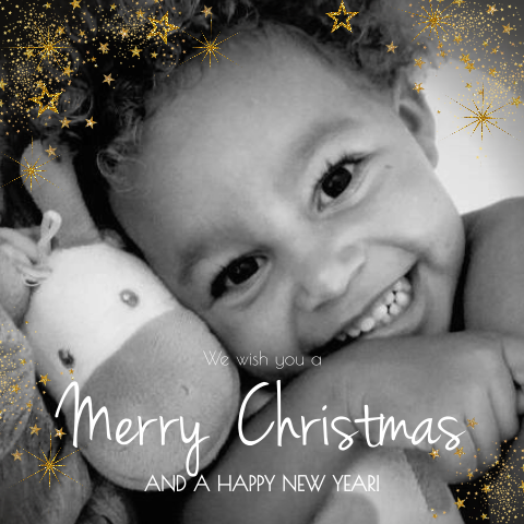Kerstkaart hippe fotokaart met goudkleurige sterren