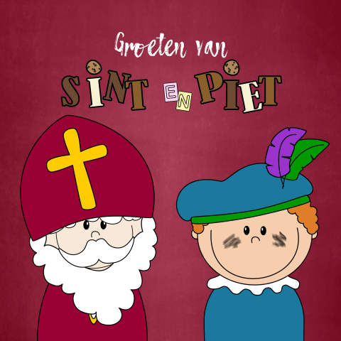 Feestelijke Sinterklaaskaart met Sint, Piet en chocoladeletters