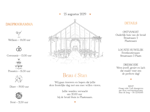 Trouwkaart theatervouw tekening trouwlocatie kas – Greenhouse Romance