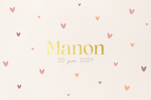 Geboortekaartje meisje met hartjes en goudfolie naam