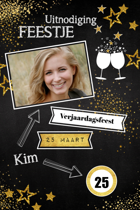 Hippe zwarte foto uitnodiging goud versiering en wegwijzers