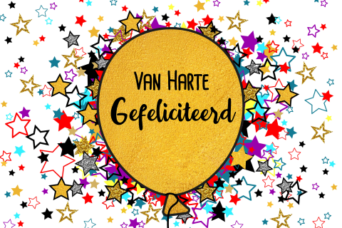 Verjaardagskaart feestelijk met vele sterren en een ballon