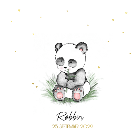 Geboortekaartje lieve panda en goudfolie hartjes