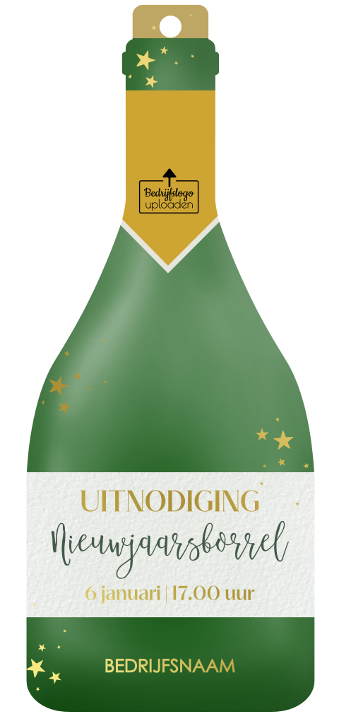 Unieke uitnodiging nieuwjaarsborrel champagnefles goudfolie