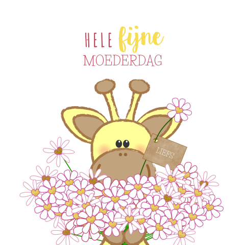 Moederdagkaart schattig girafje met een grote bos bloemen