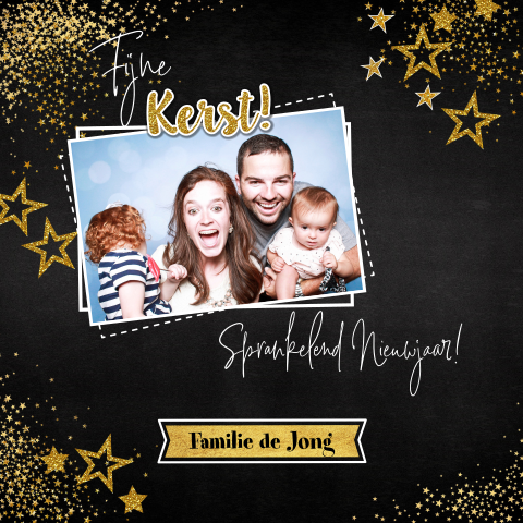 Hippe kerstkaart met foto krijtbord en sterren