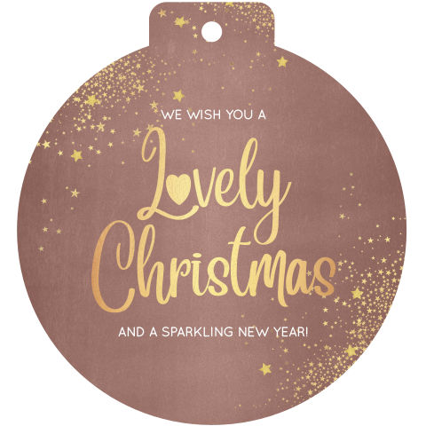 Originele kerstkaart kerstbal Lovely Christmas gouden sterren