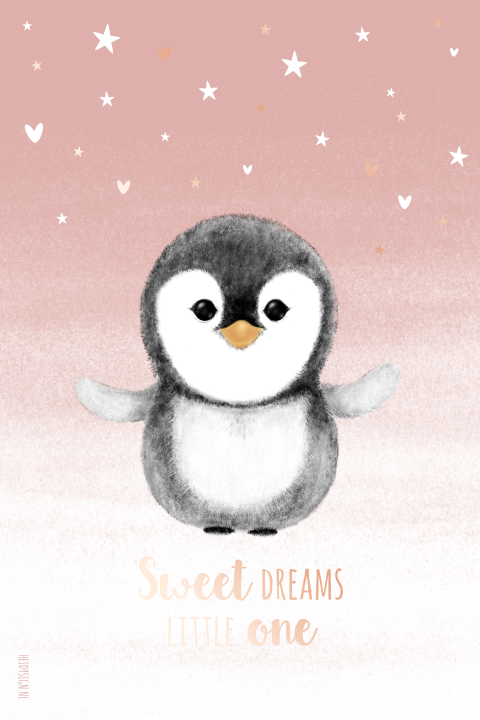 Schattige babykamer poster meisje met een lieve pinguin in de sneeuw