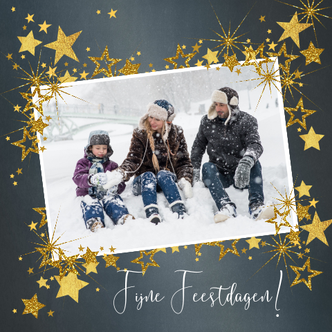 Stijlvolle donker blauwe kerstkaart met foto en gouden sterren