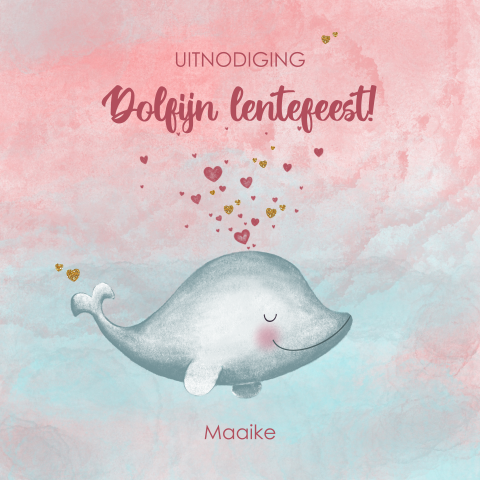 Lentefeest uitnodiging meisje  lief dolfijntje en hartjes