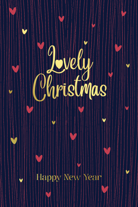 Kerstkaart donkerblauw met goudfolie hartjes – Lovely Christmas