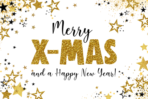 Feestelijke kerstkaart merry x-mas zwart goud sterren