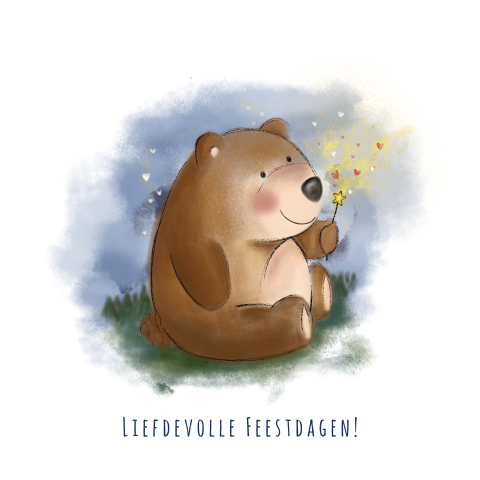 Kerst wenskaart met een lief beertje met sterretjes en hartjes