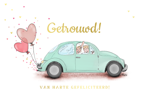 Felicitatie kaart huwelijk met bruidspaar in liefdesauto met goudfolie
