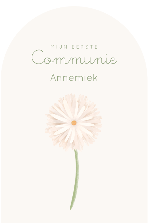 Communiekaart in boogvorm met bloem – zacht & tijdloos